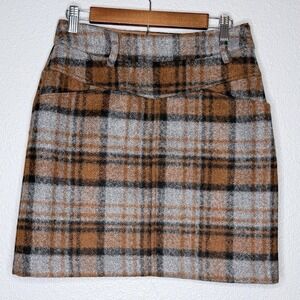 A Loves A Plaid Mini Skirt Brown Gray Wool Look Lined Fall Academia Preppy 8